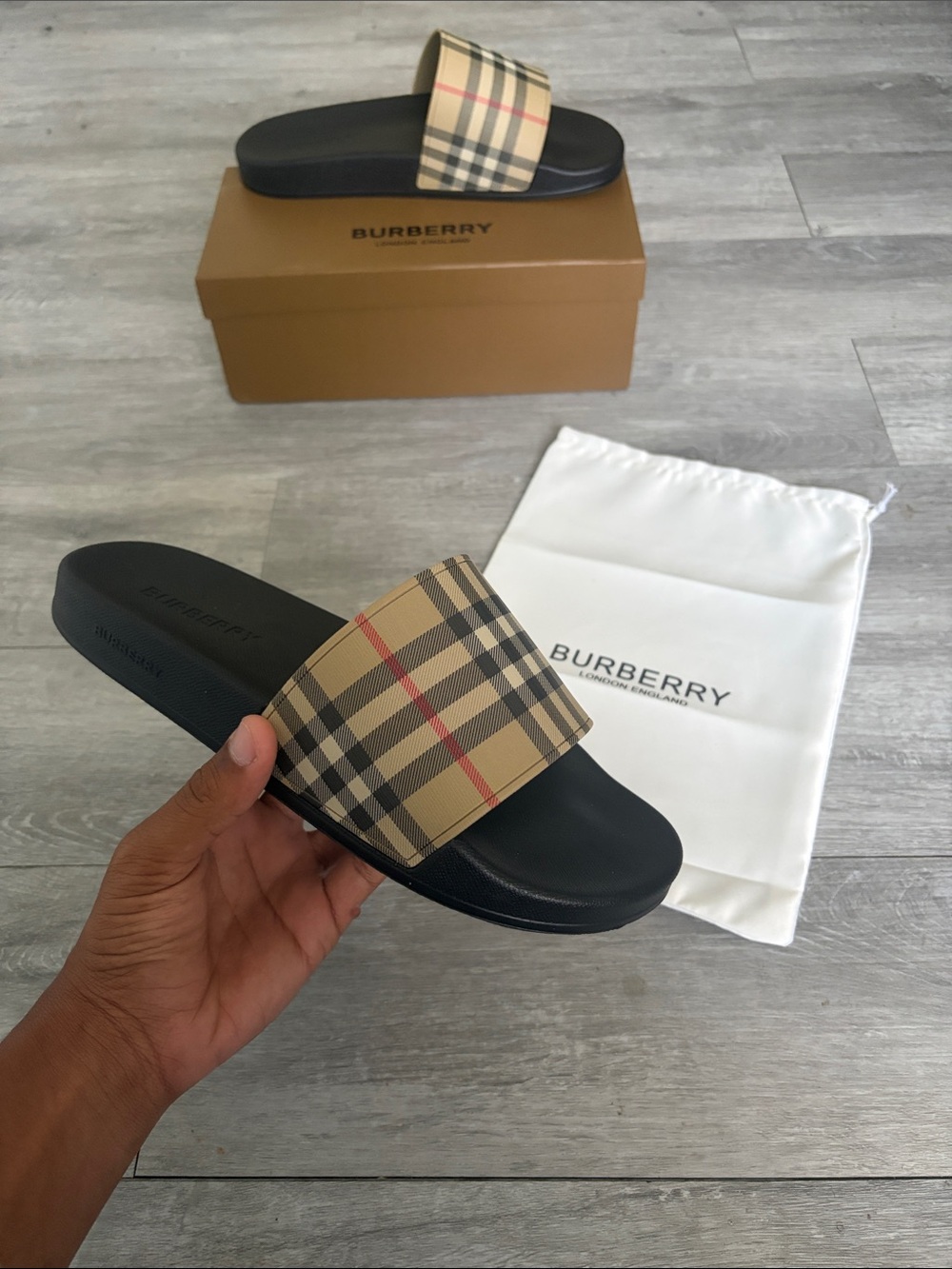 Burberry Black Slide Sandals with Beige Haymarket Check Strap